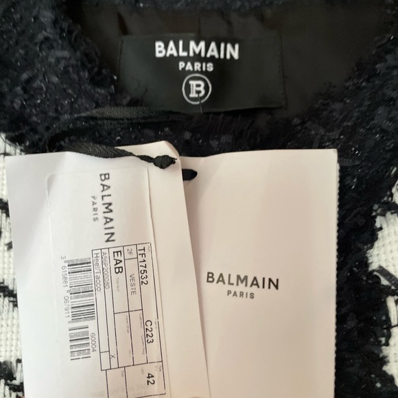 BALMAIN black white houndstooth tweed 4 pocket padded cropped jacket FR42 - Picture 7 of 16
